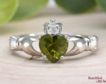 Womens Silver Peridot CZ Claddagh Promise Ring Wedding Band Irish Celtic Claddagh Band August Birthstone Ring Fede Band Womens Promise Ring