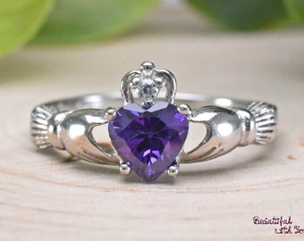 Purple Claddagh Ring, Amethyst Cubic Zirconia Traditional Irish Ring, 925 Sterling Silver Claddagh Ring, February Birthstone Celtic Ring