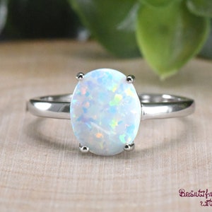 Womens Opal Ring, Oval Shaped Opal Solitaire Ring, Opal Wedding Ring, Opal Solitaire Engagement Ring, Lab Created Opal Ring Sterling Silver