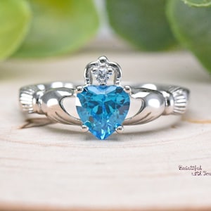 Blue Topaz CZ Ring Claddagh Ring Irish Celtic Ring Sterling Silver Wedding Band Promise Ring Womens Girls Ring Celtic Ring Band