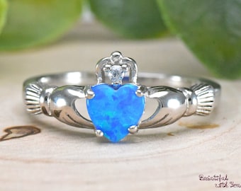 Sterling Silver Blue Opal Claddagh Ring, Irish Claddagh Ring, Celtic Traditional Heart Blue Opal Claddagh Ring Womens Girls, Blue Fire Opal