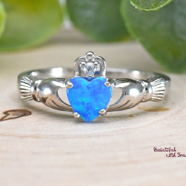 Sterling Silver Blue Opal Claddagh Ring, Irish Claddagh Ring, Celtic Traditional Heart Blue Opal Claddagh Ring Womens Girls, Blue Fire Opal