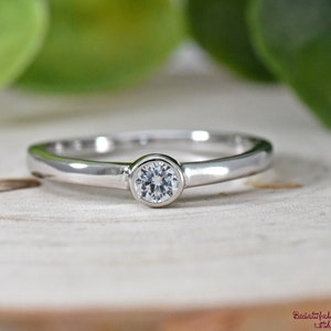 Clear Cubic Zirconia Round Bezel Set Simple Solid Sterling Silver Girls Childrens Birthday Gift Ring Band Dainty Beautiful Jewelry