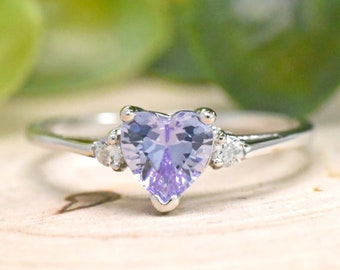 June Birthstone Ring, Simulated Heart Lavender Color Cubic Zirconia Ring, Kids Girls Womens Birthstone Ring, 925 Sterling Silver Ring, Gift