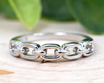 Anillo de media eternidad con cadena rolo, de plata de ley 925 maciza, para mujer, con cadena rolo tipo cable, anillo de promesa.