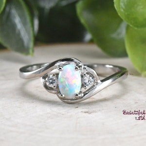 Opal Ring, Womens Fire White Opal Ring Silver, Dainty Bypass Opal Wedding Ring, Engagement Opal Ring, Solid 925 Sterling Silver Ring