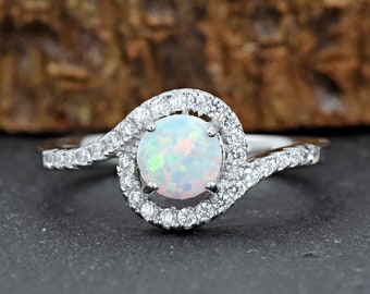 Round White Opal Halo Bypass Style CZ Sterling Silver Ring, Lab Created Opal Engagement Ring, Anniversary Gift for Her, Wedding Ring