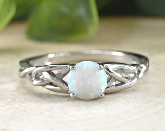Solid 925 Sterling Silver Celtic Trinity Knot Side Opal Promise Ring Engagement Anniversary Wedding Band