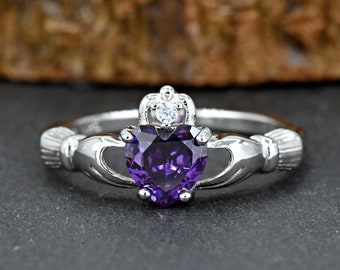 Purple Claddagh Ring, Amethyst Cubic Zirconia Traditional Irish Ring, 925 Sterling Silver Claddagh Ring, February Birthstone Celtic Ring