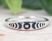 4mm Signet Style Phases of the Moon Engraved Ring, Unique Moon Phase Ring Silver, Solid 925 Sterling Silver Lunar Ring, Womens Moon Ring