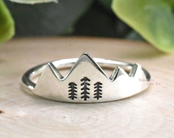 Trendy Fashion Mountain Ring with Trees Engraving Hikers Hiking High and Low Mountain Nature Inspired Unique Gift Womens Silver Jewelry