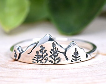 Mountains Ring with Pine Tree Engraved Ring, Nature Inspired Mountain High & Low Range Ring with Trees Engraved, Solid 925 Sterling Silver