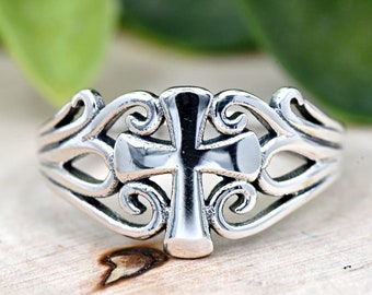 Filigree Cross Swirl Design Side Ring, Christians Cross Ring, Solid 925 Sterling Silver Womens Cross Ring, Unique Dainty Cross Ring