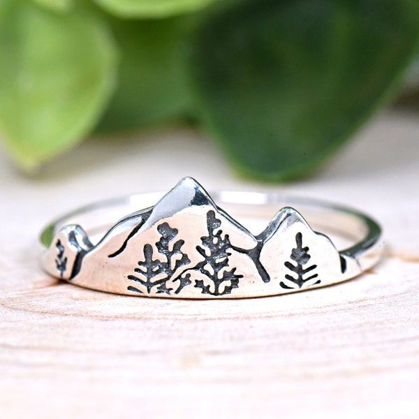 Mountains Ring with Pine Tree Engraved Ring, Nature Inspired Mountain High & Low Range Ring with Trees Engraved, Solid 925 Sterling Silver