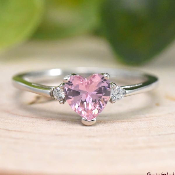 October Birthstone Ring, Simulated Heart Pink Cubic Zirconia Birthstone Ring, Kids Girls Womens Birthstone Ring, 925 Sterling Silver Ring