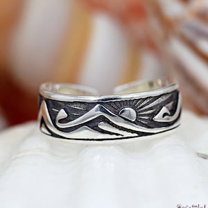 Mountains with Rising Sun Carved Toe Ring, Solid 925 Sterling Silver Open Adjustable Flexible Toe Ring, Womens Summer Beach Toe Ring