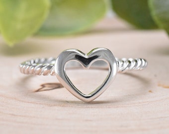 Minimalist Heart Ring: Sterling Silver Open Band, Rhodium Plated