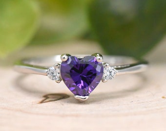 February Simulated Amethyst Cubic Zirconia Birthstone Ring, Kids Girls Womens Birthstone Ring, Solid 925 Sterling Silver Purple CZ Ring Gift