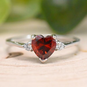 Heart Simulated Garnet Cubic Zirconia Birthstone Ring, Kids Girls Womens Birthstone Ring, Solid 925 Sterling Silver Garnet Ring, Gift