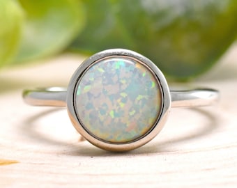 Opal Ring, Womens Round Lab Created Opal Bezel Set Wedding Ring, Opal Promise Ring Women, Womens Opal Ring, 925 Sterling Silver Opal Ring