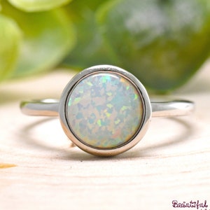 Opal Ring, Womens Round Lab Created Opal Bezel Set Wedding Ring, Opal Promise Ring Women, Womens Opal Ring, 925 Sterling Silver Opal Ring