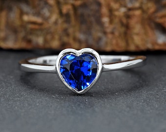 Simulated September Birthstone Blue Sapphire Heart CZ Bezel Set Ring, Daughter Ring, Mom and Baby Ring, Girls Children's Heart Blue CZ Ring
