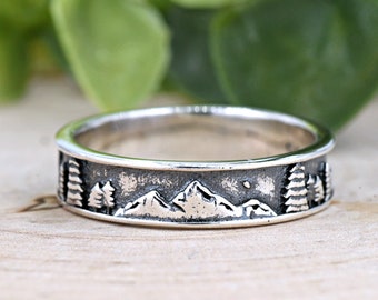4.5mm Pipe Cut Silver Engagement Ring with Mountain Range Pine Trees, High & Low Mountain Engraved Wedding Band, Vintage Mountains Tree Ring