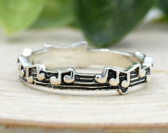 Music Notes on Staff Ring, Musicians Vintage Style 925 Sterling Silver Ring, Unique Gift Ideas, Womens Music Ring Silver