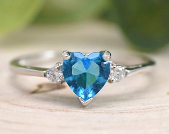 December Birthstone Ring, Simulated Heart Blue Topaz Cubic Zirconia Birthstone Ring, Kids Girls Womens Ring, 925 Sterling Silver Ring Band