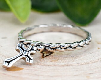 Full Braided Eternity Band with Cross Charm Ring, Unique Christians Promise Ring, Celtic Braided Sterling Silver Dangle Charm Ring Vintage