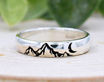 Mountain & Crescent Moon Engraved 4mm Solid 925 Sterling Silver Band, Mountain Engraved Wedding Ring Band, High and Low Mountain Range Rings