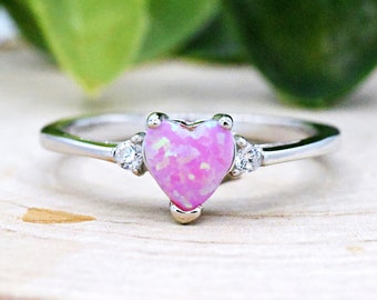 Dainty Pink Opal October Birthstone Kids Girls Womens Childrens Ring, Solid 925 Sterling Silver Created Opal Ring, Birthday Gift Ideas