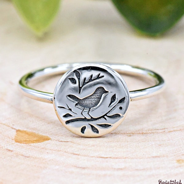 Sparrow Engraved Disk Ring, 10mm Sparrow on Branch Ring, Bird Branch Leaves Nature Inspired Ring, 925 Sterling Silver Sparrow Ring Band