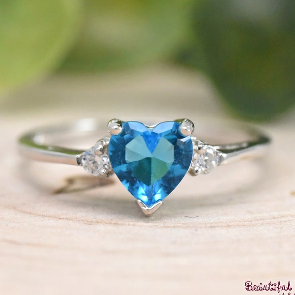 December Birthstone Ring, Simulated Heart Blue Topaz Cubic Zirconia Birthstone Ring, Kids Girls Womens Ring, 925 Sterling Silver Ring Band