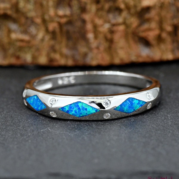 Diamond Shape Blue Opal Inlay Cubic Zirconia Accented Engagement Promise Ring, Solid 925 Sterling Silver Lab Created Blue Opal Wedding Band