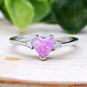 Dainty Pink Opal October Birthstone Kids Girls Womens Childrens Ring, Solid 925 Sterling Silver Created Opal Ring, Birthday Gift Ideas