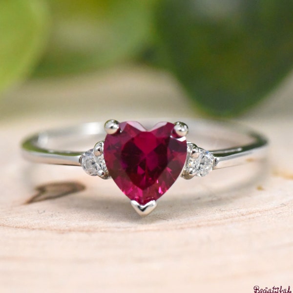 July Birthstone Ring, Simulated Heart Red Ruby Cubic Zirconia Birthstone Ring, Kids Girls Womens Ring, 925 Sterling Silver Ring Band