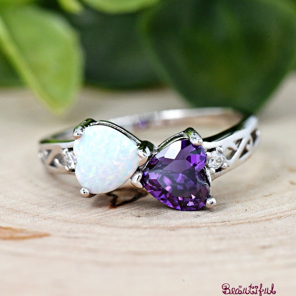 Fire Opal Heart Amethyst Heart Silver Ring, Sterling Silver Lab Opal Simulated February Birthstone Amethyst CZ Heart Filigree Ring, Gift