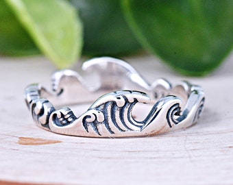 Vintage Style Ocean Waves Full Eternity Ring, Ocean Tide Waves Nautical Thumb Ring, Solid 925 Sterling Silver, Summer Beach Jewelry, Gift
