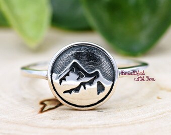 15mm Round Signet Style Mountain Range Carved Sterling Silver Ring | Oxidized 925 Sterling Silver Mountain Ring | Dainty Silver Ring