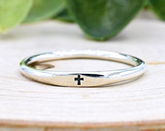 Tiny Dainty Small Cross Engraving Ring, Minimal Cross Christians Ring, 925 Sterling Silver Cross Ring Girls Womens, Womens Promise Ring Band