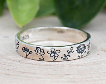 Variety Types of Flowers Engraved Band, Solid 925 Sterling Silver Flowers Engraved Around Ring, Womens Flower Ring, Minimalist Ring