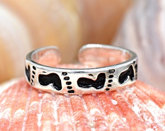 Footprint Pattern Toe Ring, Solid 925 Sterling Silver Open Adjustable Flexible Toe Ring, Womens Toe Ring, Midi Ring, Footprint Ring