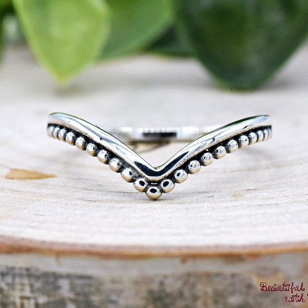 Double Layered Plain Bead Wishbone Thumb Ring, Solid 925 Sterling Silver Two Line Layered V Shape Chevron Ring, Midi Thumb V Wishbone Ring