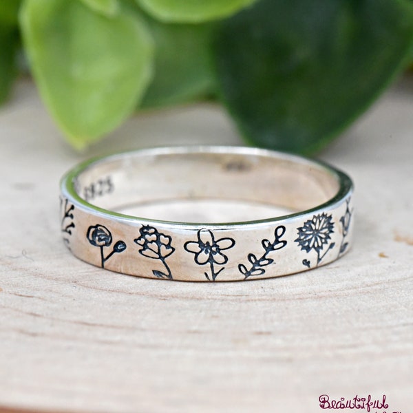 Variety Types of Flowers Engraved Band, Solid 925 Sterling Silver Flowers Engraved Around Ring, Womens Flower Ring, Minimalist Ring