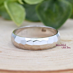 5mm Minimalist Facet Thumb Ring Silver | 925 Sterling Silver Hammered Faceted Simple Wedding Band | Mens Womens Couples Anniversary Ring