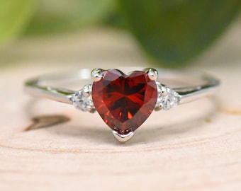 Heart Simulated Garnet Cubic Zirconia Birthstone Ring, Kids Girls Womens Birthstone Ring, Solid 925 Sterling Silver Garnet Ring, Gift