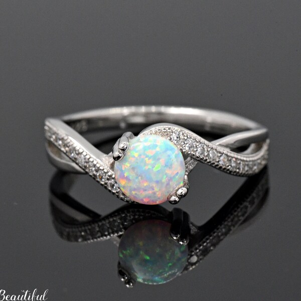 Solid 925 Sterling Silver Bypass Style Milgrain Pave Set CZ Side Opal Solitaire Ring Women's Opal Wedding Band Anniversary Gift
