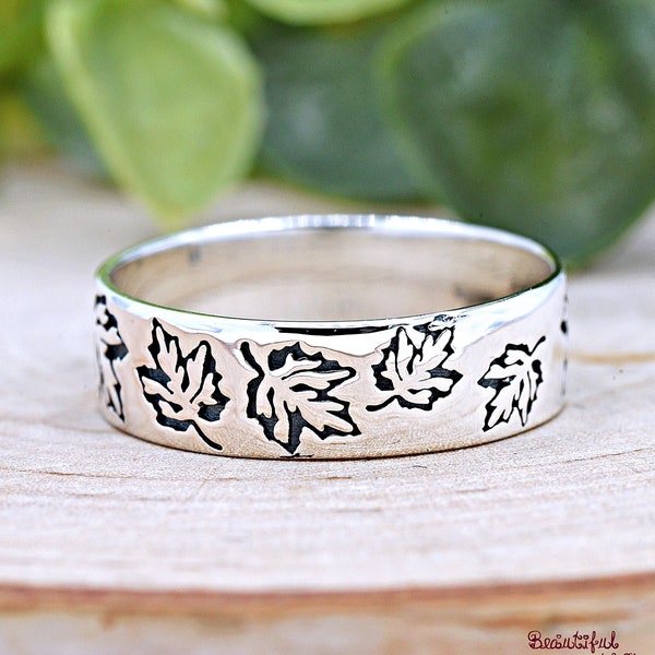 Maple Leaf Engraved Silver Band, Solid 925 Sterling Silver Autumn Leaf Engraved Ring, Womens Silver Ring, Nature Inspired Jewelry
