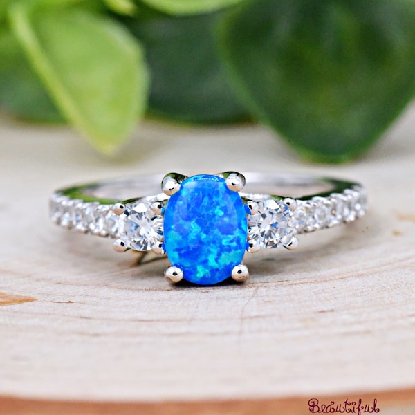 Art Deco Oval Blue Opal CZ Prong Set Side Engagement Ring, Women's Opal Ring, Opal Wedding Ring, 925 Sterling Silver Lab Created Opal Ring